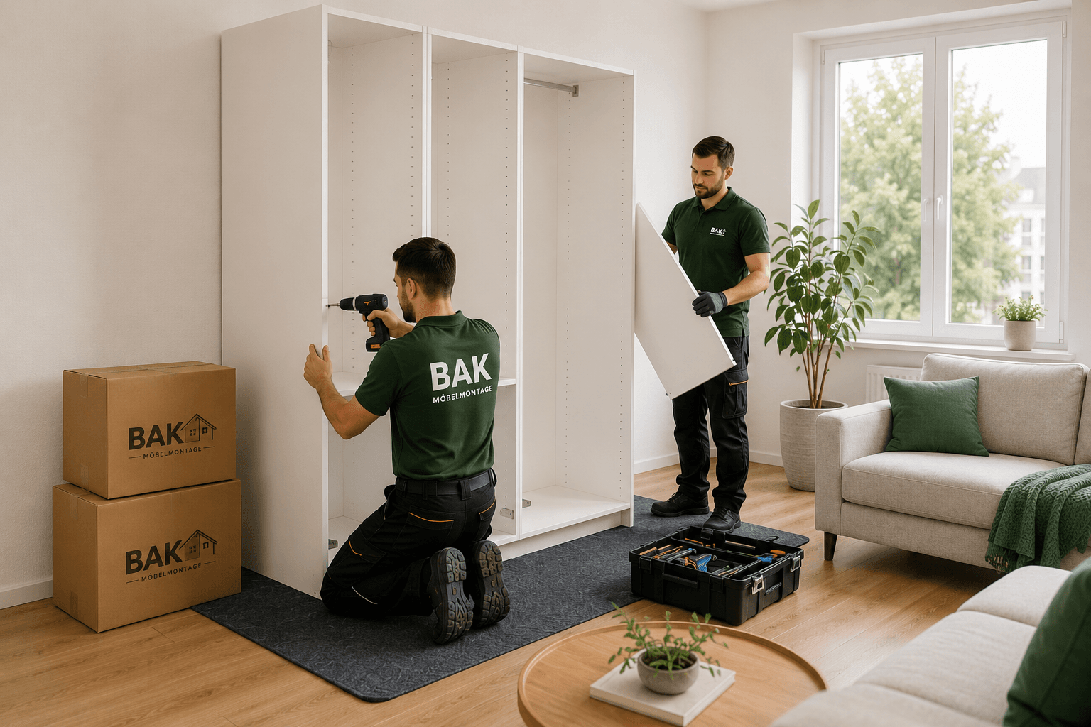 Zwei Monteure von BAK Möbelmontage bauen in einer Wiener Wohnung einen Kleiderschrank auf.