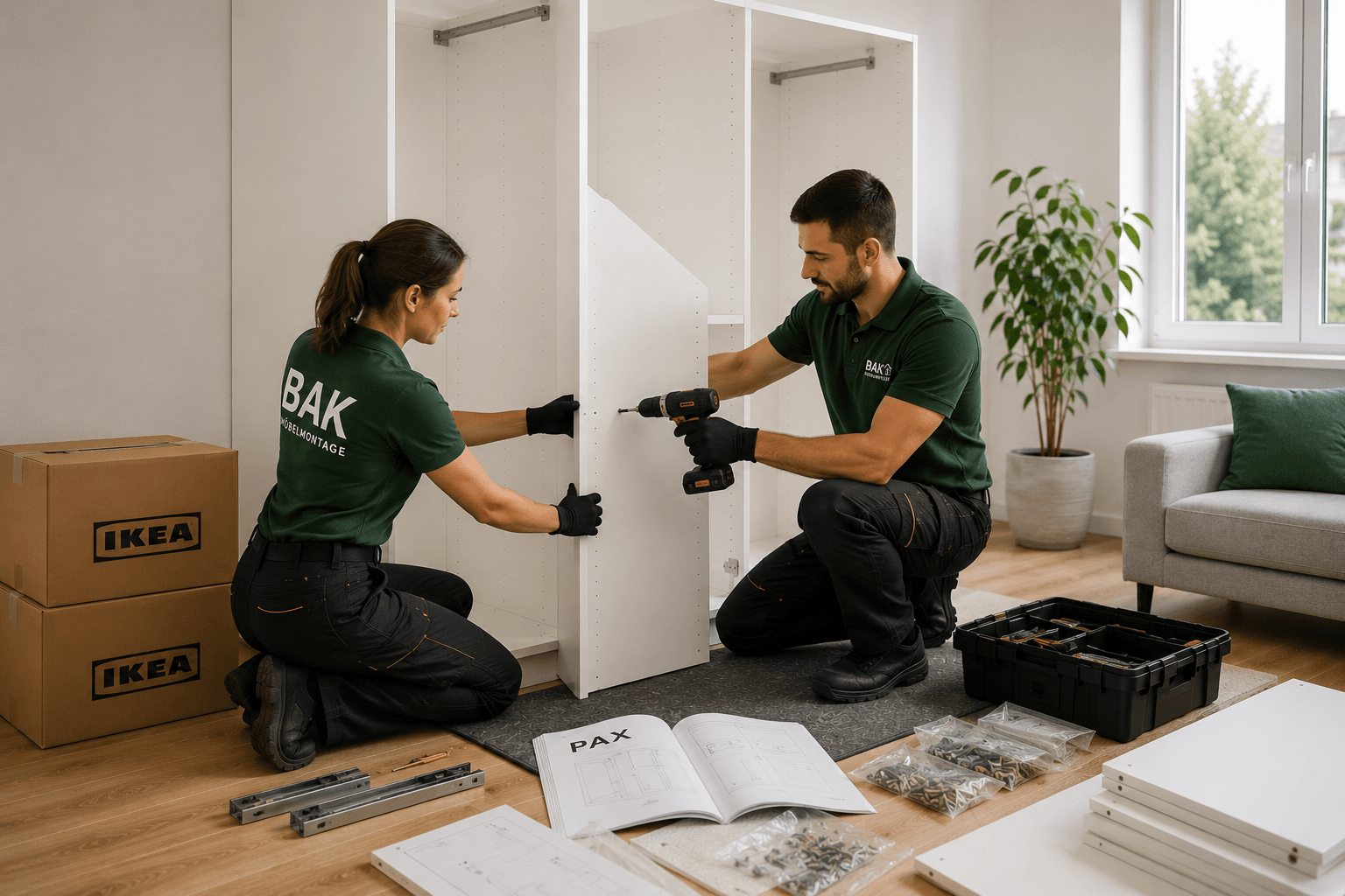 Zwei BAK-Monteure bauen gemeinsam einen IKEA PAX-Kleiderschrank in einer Wiener Wohnung auf.