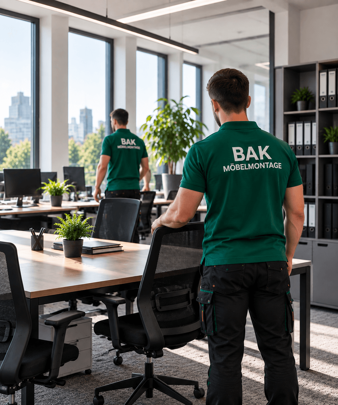 Zwei Monteure bauen einen höhenverstellbaren Schreibtisch in einem Wiener Büro auf