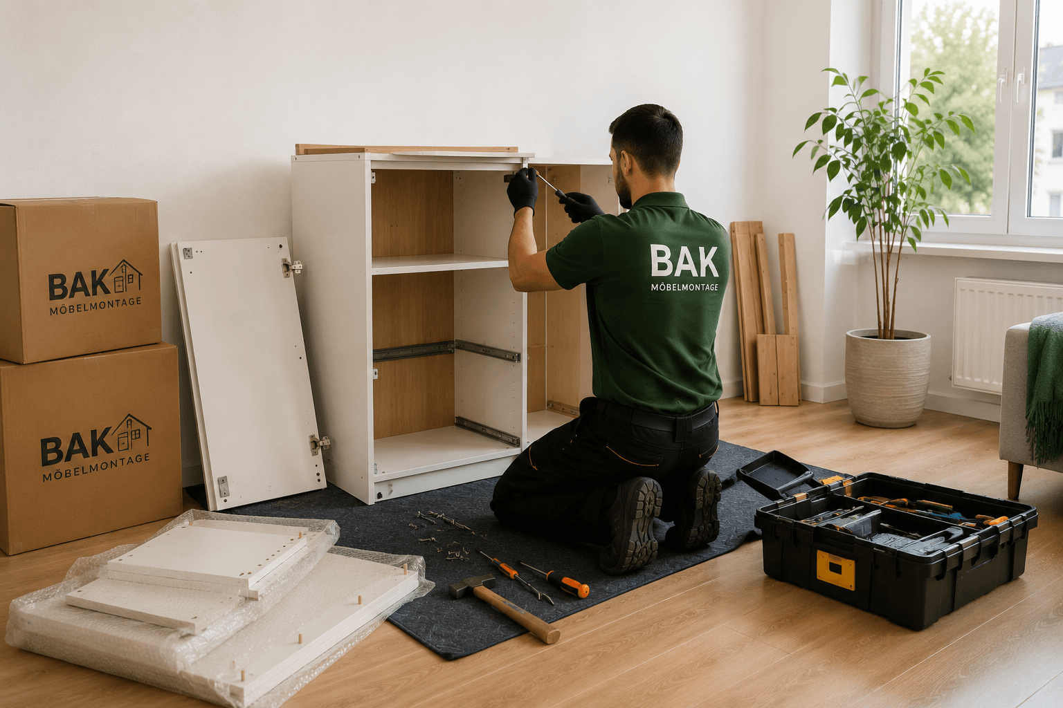 BAK-Monteur baut einen zerlegten Schrank in einer Wiener Wohnung wieder auf, daneben Einzelteile und Werkzeug.
