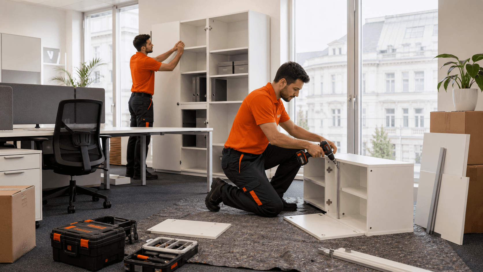 Aufgebaute Wohnwand mit Regalen in einer hellen Wiener Wohnung.